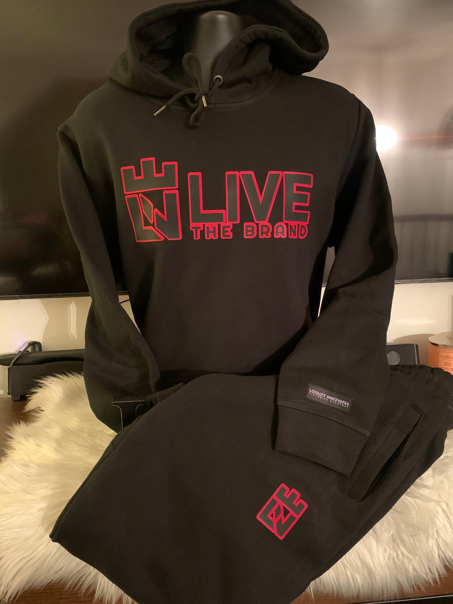 LIVE THE BRAND BLACK ON BLACK SWEATSUIT/RED PIPING